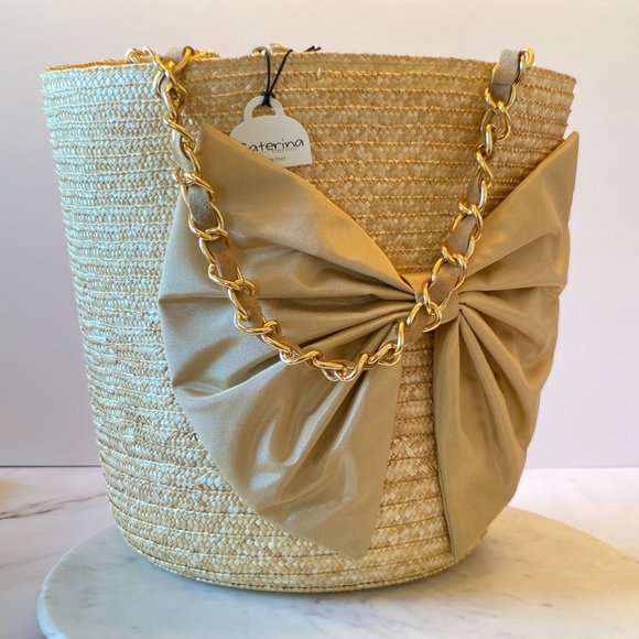 NWT CATERINA BERTINI Straw Bucket Bag with Bo and Drawstring Closure - Picture 3 of 14